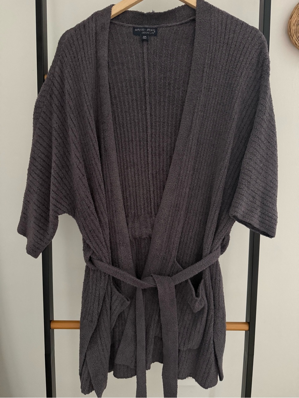 Barefoot Dreams Charcoal Ribbed Open-Front Belted Cardigan